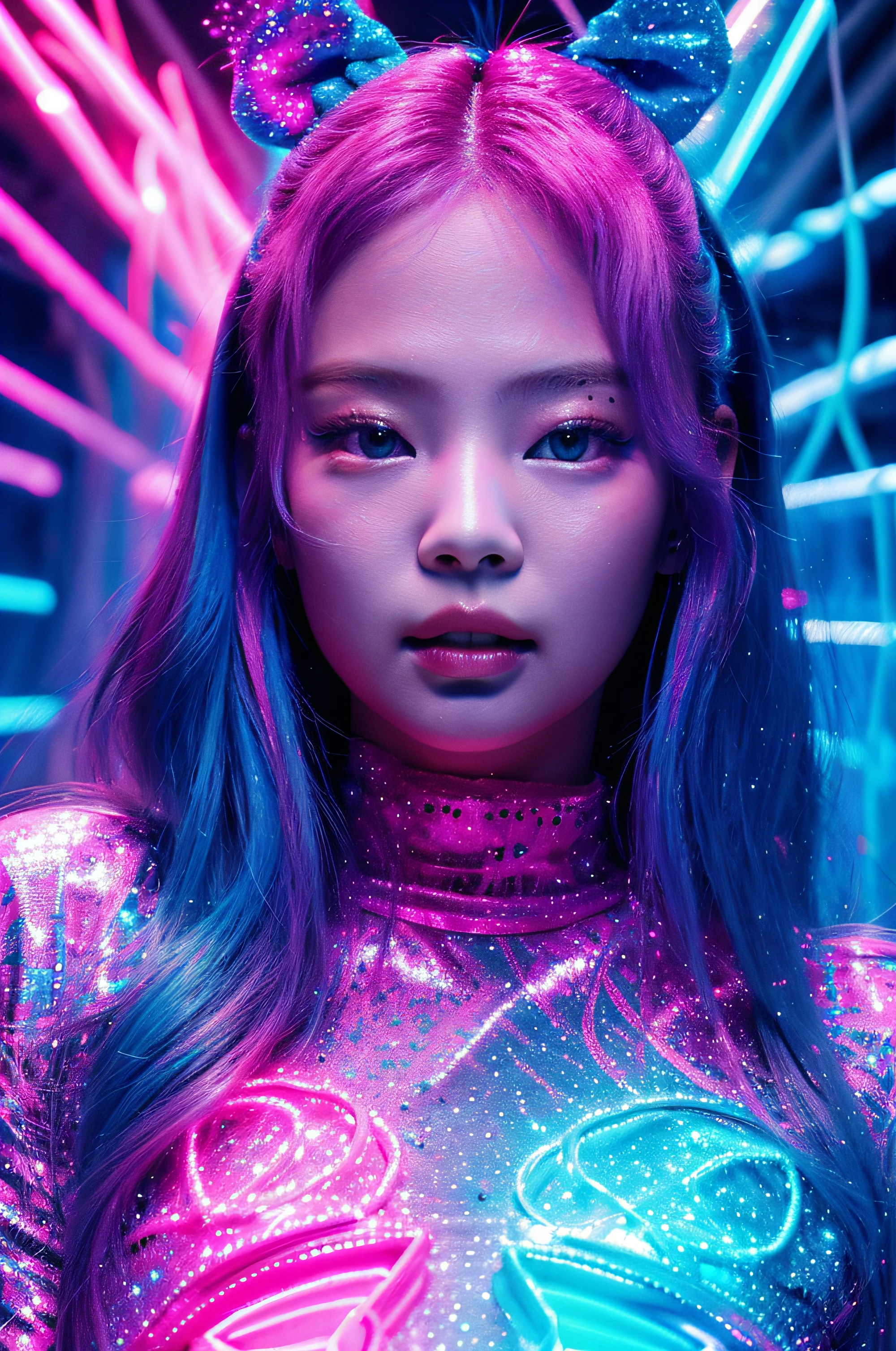 beautiful 30 years old woman's face illuminated by colored lights photorealistic background bright colors Luminous neon pink and neon blue glitter dust background with pink and blue smoke vapor, Jennie kim,