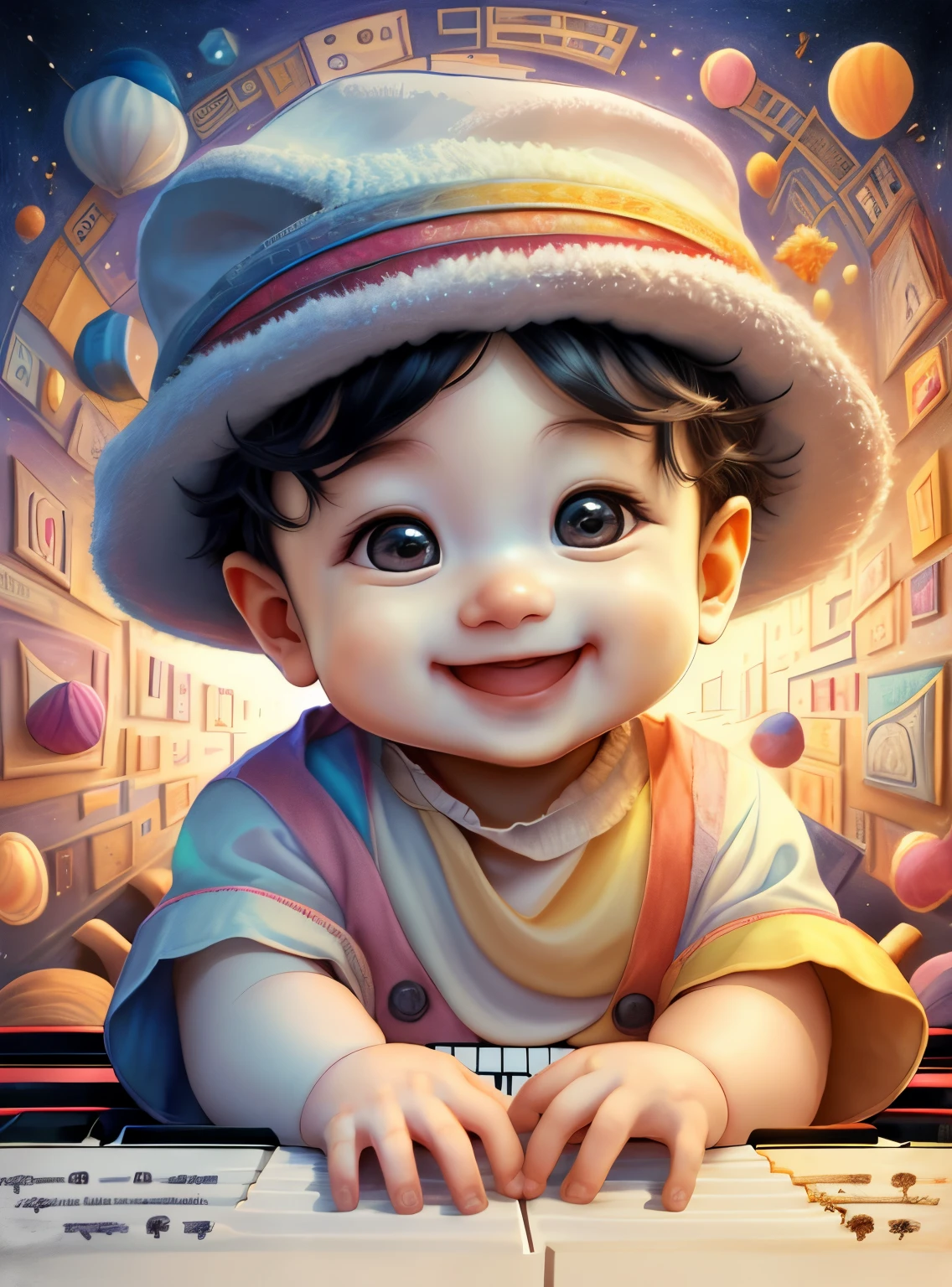(cute baby boy smiling with playing a piano wearing a hat), Munchkin ,Geometric multidimensional wall portrait, livro de arte, Tchibi,
Yang08k, Beautiful, Colouring,
Obras, of the highest quality, best quality, Arte Oficial, Beautiful and Aesthetic,