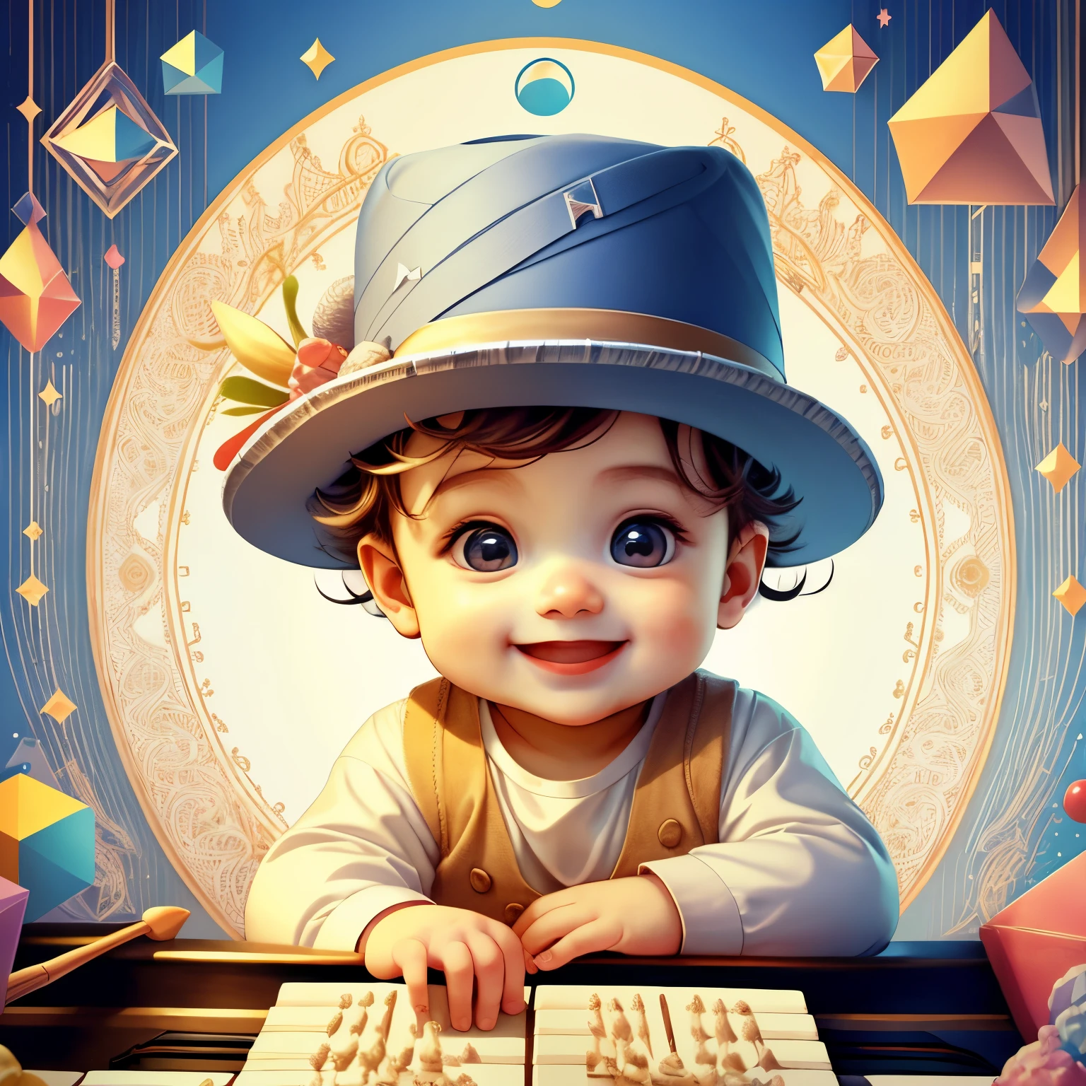 (cute baby boy smiling with a piano wearing a hat), Munchkin ,Geometric multidimensional wall portrait, livro de arte, Tchibi,
Yang08k, Beautiful, Colouring,
Obras, of the highest quality, best quality, Arte Oficial, Beautiful and Aesthetic,