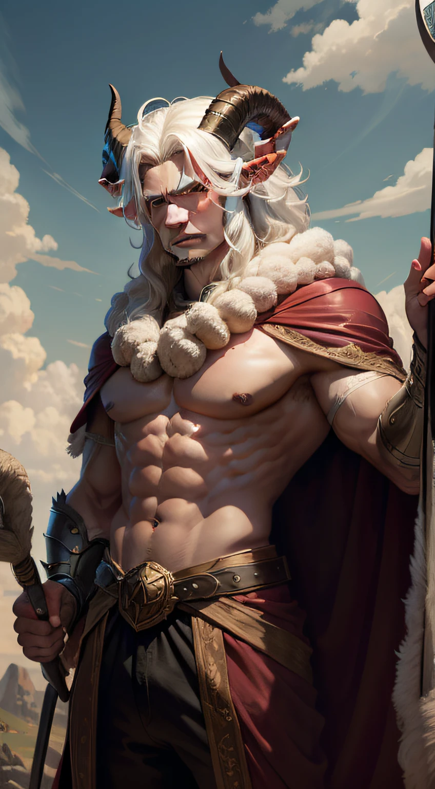 A hero with a sheep'head and a human body. large horns on the head. cane in hand