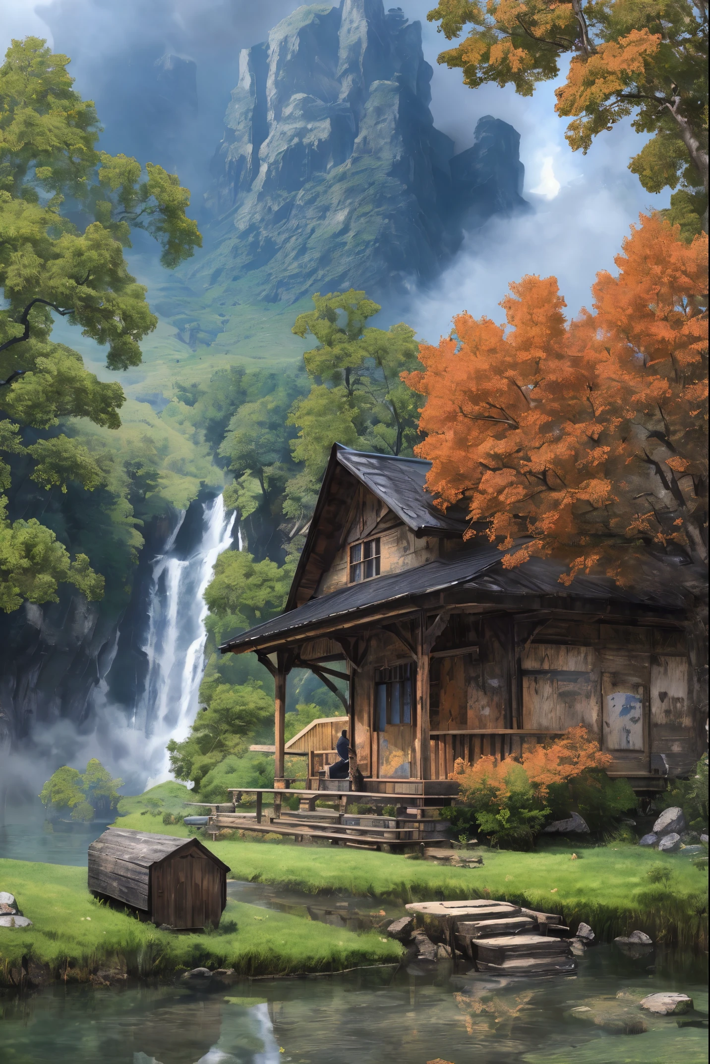 A highly detailed anime illustration,
landscape,
vintage, dreamy,  drawing, trending on artstation, UHD, (((by Quentin de Warren))):1.8, atmosphere, luminosity