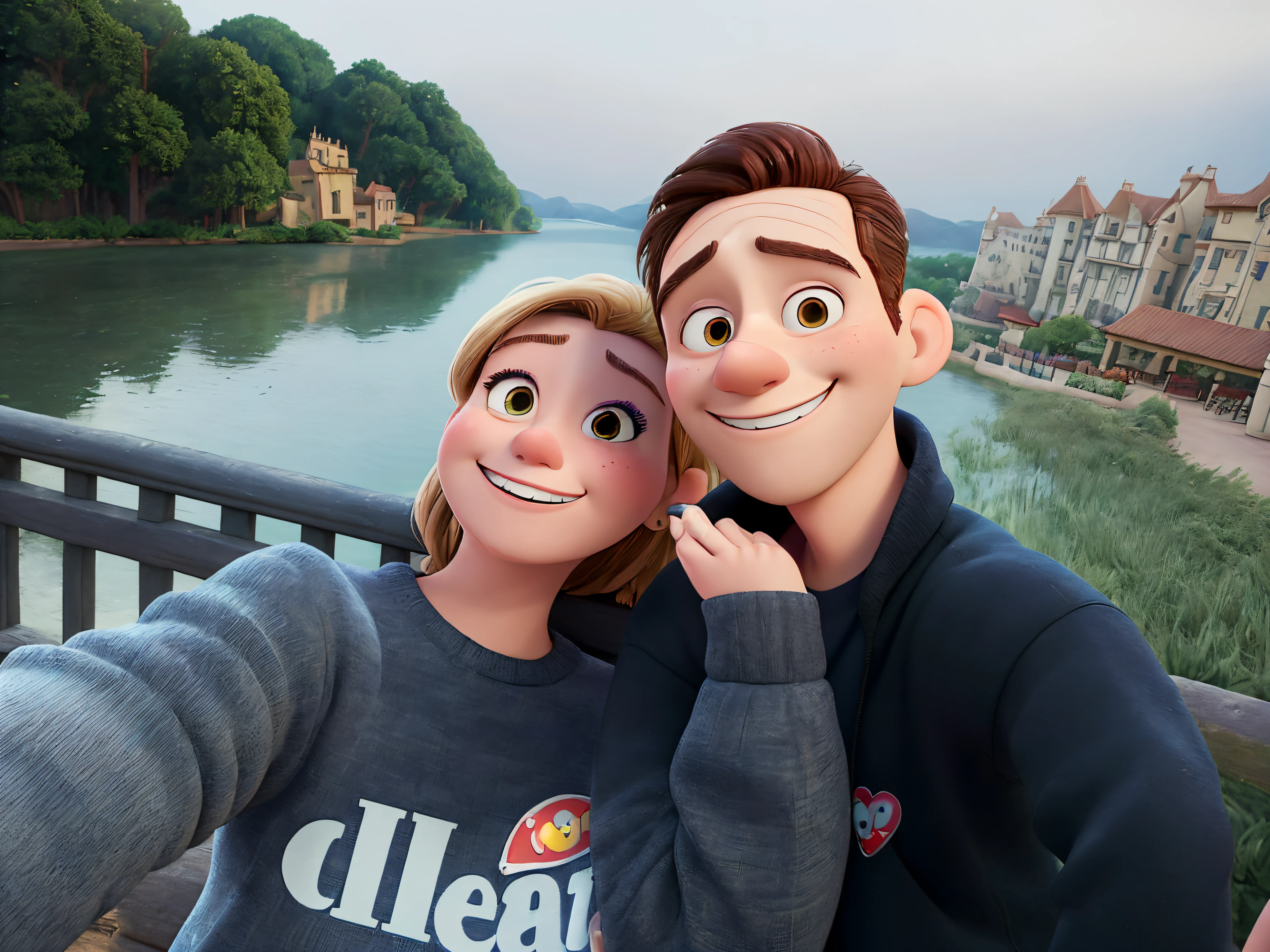 22 year old couple taking a selfie, smiling at camera, gran calidad, calidad 8k, con amor, Disney Pixar, hombre y mujer