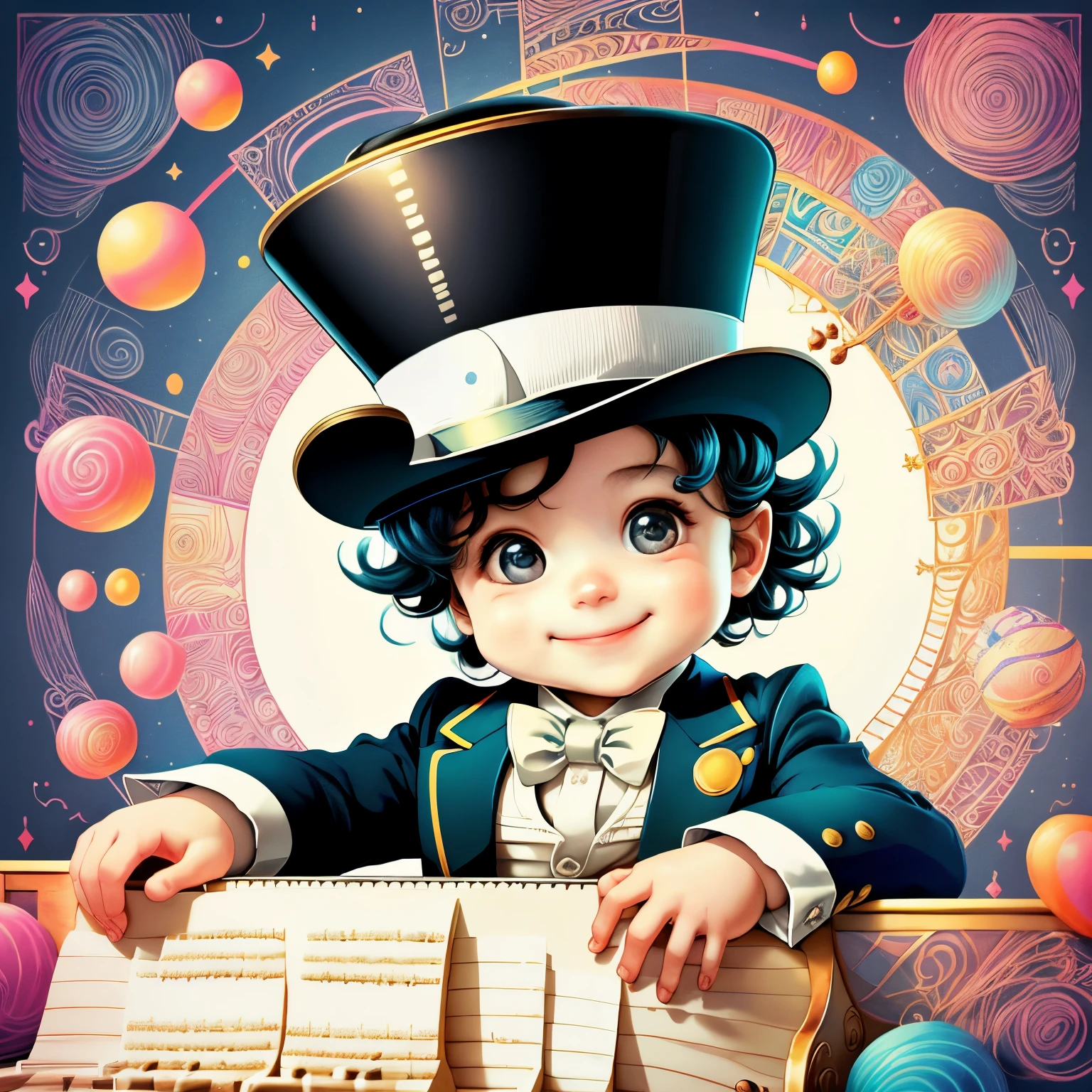 (cute baby boy smiling with top hat playing a piano), Munchkin ,Geometric multidimensional wall portrait, livro de arte, Tchibi,
Yang08k, Beautiful, Colouring,
Obras, of the highest quality, best quality, Arte Oficial, Beautiful and Aesthetic,
