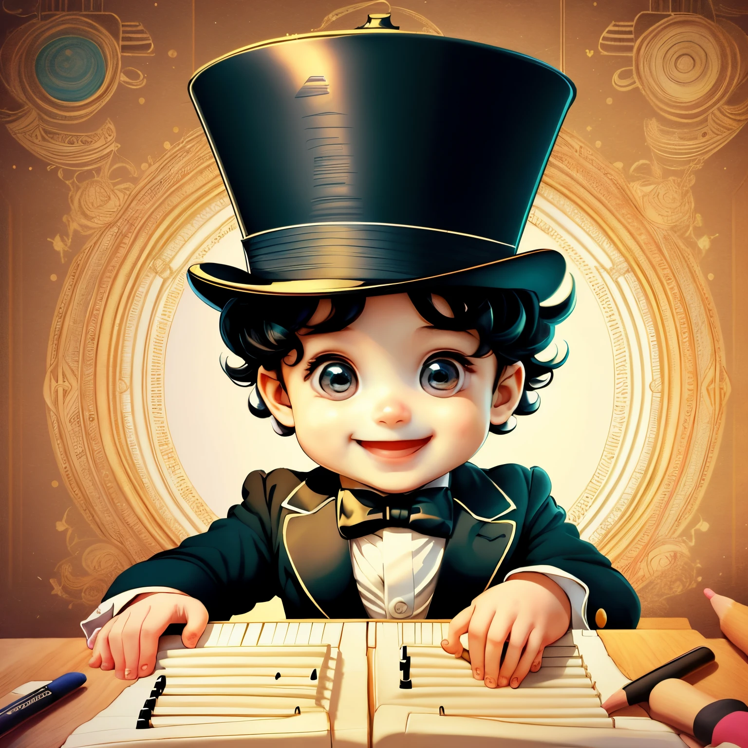 (cute baby boy smiling with top hat playing a piano), Munchkin ,Geometric multidimensional wall portrait, livro de arte, Tchibi,
Yang08k, Beautiful, Colouring,
Obras, of the highest quality, best quality, Arte Oficial, Beautiful and Aesthetic,