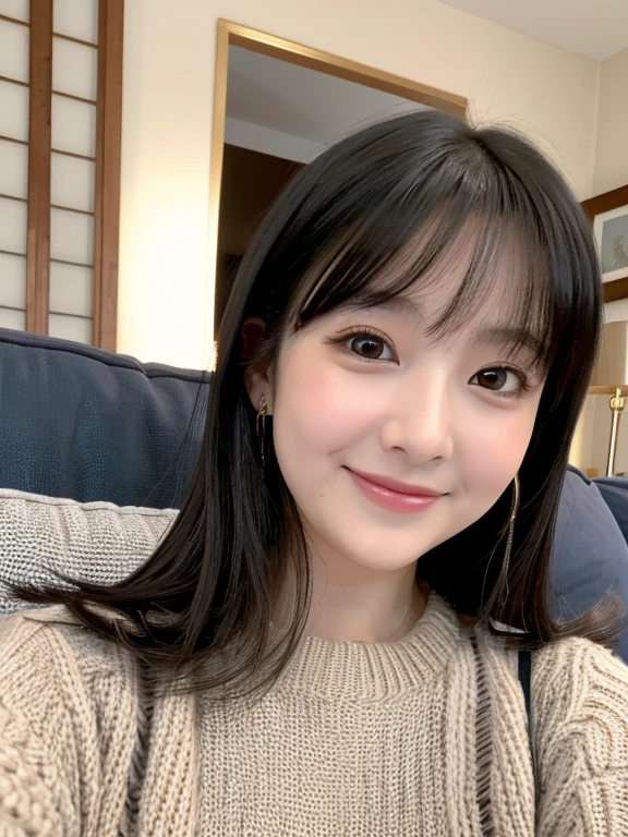 (8K, Raw photo, Best Quality, detailed, masterpiece:1.5), (Photorealistic:1.4), (Very detailed 8k wallpaper), Cinematic, Japanese idol, 26 years old, ultra-detailed face, kawaii, cute, detailed eyes, highly detailed lips , black hair, shiny pale skin, ((selfie)), upper body, big breasts, Looking at Viewer, Smiling, sweater, sofa, peace sign, (chubby:1.1)