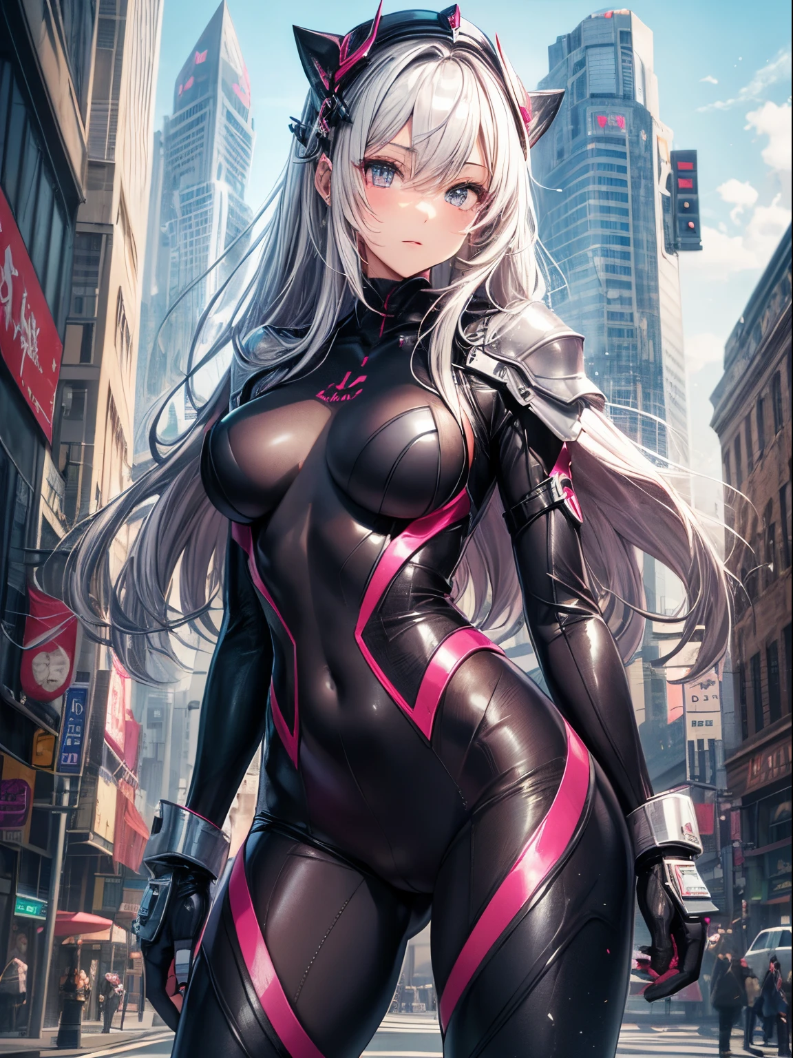 top-quality、Full limbs、complete fingers、Slender beauty、1 female、woman wearing black and pink suit, streamlined pink armor, slick pink armor, fullbodysuit, cybersuit, matte pink armor