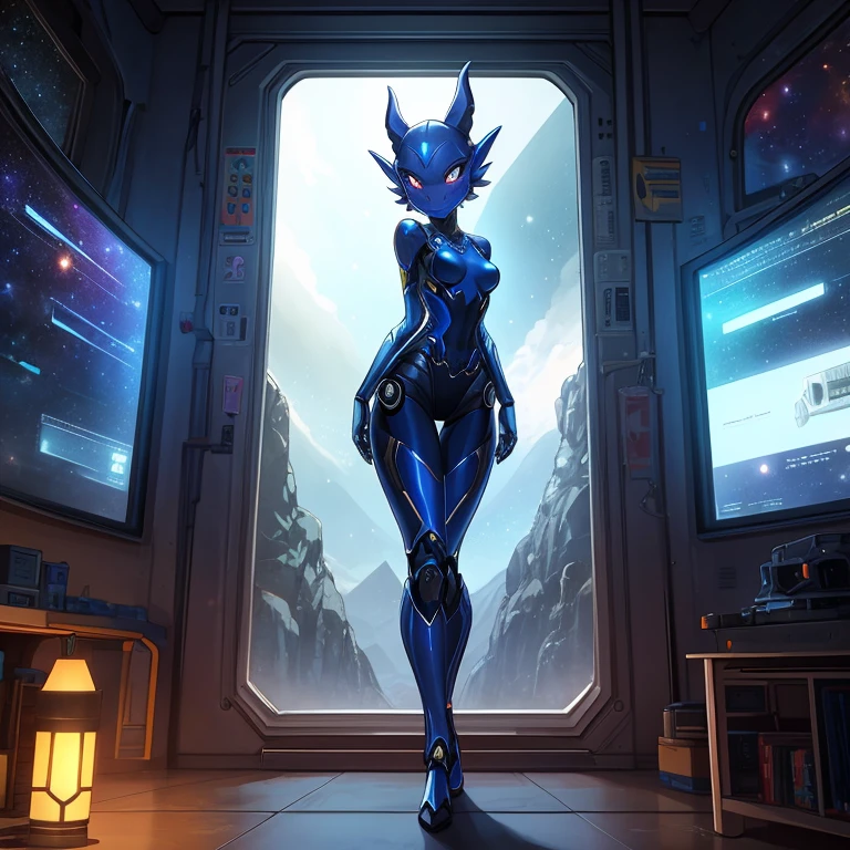 female, furry, metalic, robotic, anthro, blue, kobold, short, small breasts, thin body, standing in cell, science fiction, looking out window, galaxy, stars, high quality, masterpiece,