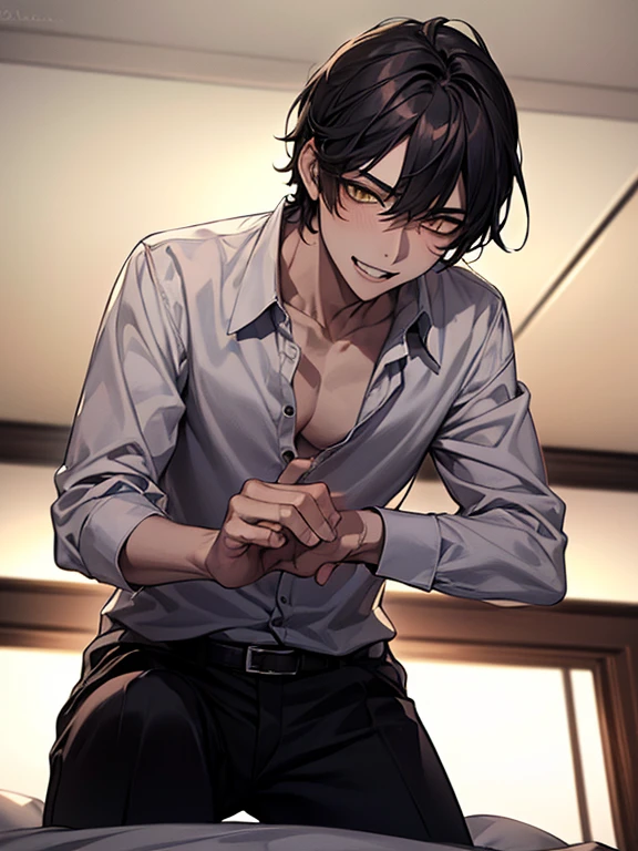 (1 Boy), solo, dark hair, (white shirt), black slacks, on sheets, Long Sleeve Shirts, kneeling, seiza, cool, (sexy:1.3), Fascinating, (evil smile), seductive smile, [open mouth], (fang), grin, {lick one's lips:1.0}, (parted lips),collarbone, (shoot from below), (from below:2), sunset,(open collar), tsurime, squinting, (A man seduces a woman), temptation, Yellow eyes, (background: on bed in bedroom), high quality, high resolution, masterpiece,