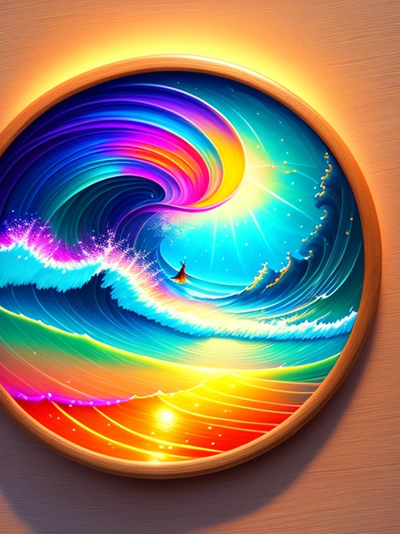 uma pintura de um surfista colorida em um fundo preto, breathtaking rendering, inside a radiant connection, inspirada em Kinuko Y. Craft,, Magical Elements, plank icon, uau, it's beautiful, casting a colorful multi spell, bright flash, glare