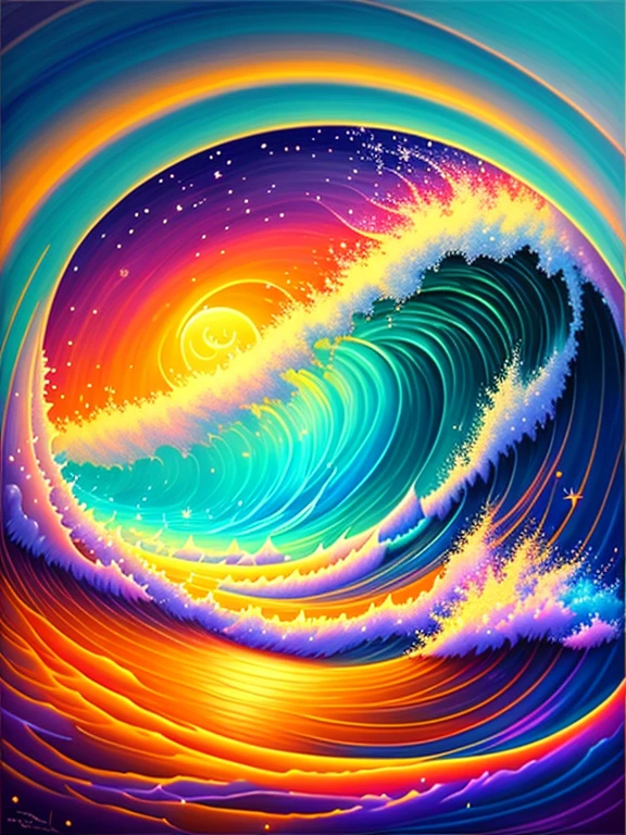 uma pintura de um surfista colorida em um fundo preto, breathtaking rendering, inside a radiant connection, inspirada em Kinuko Y. Craft,, Magical Elements, plank icon, uau, it's beautiful, casting a colorful multi spell, bright flash, glare