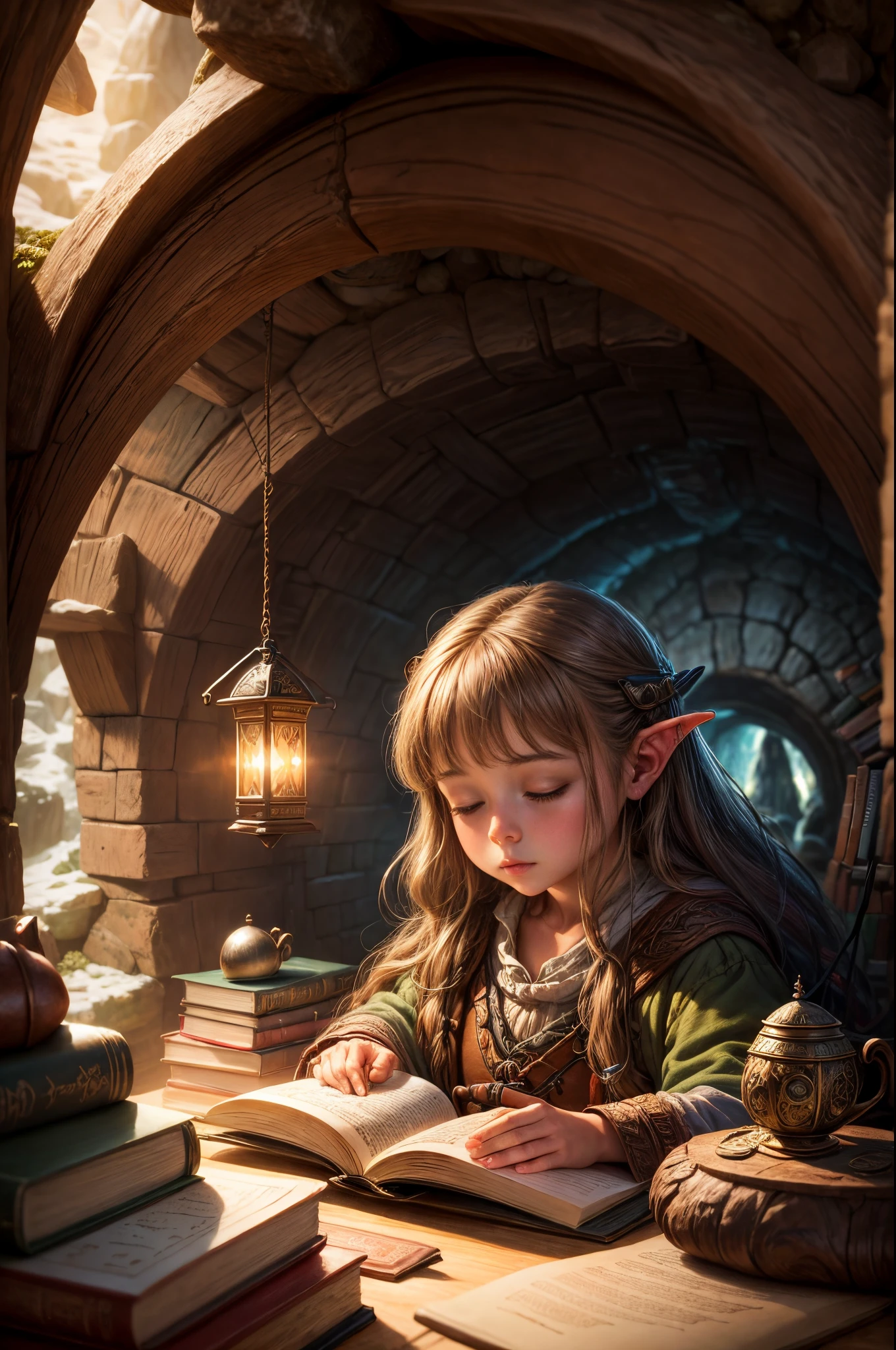 "Oil painting, ((dreamy)) girl reading ancient books, warm light ((inside a mystical hobbit cave)), magical atmosphere, whimsical clock, enchanting, cozy, detailed"