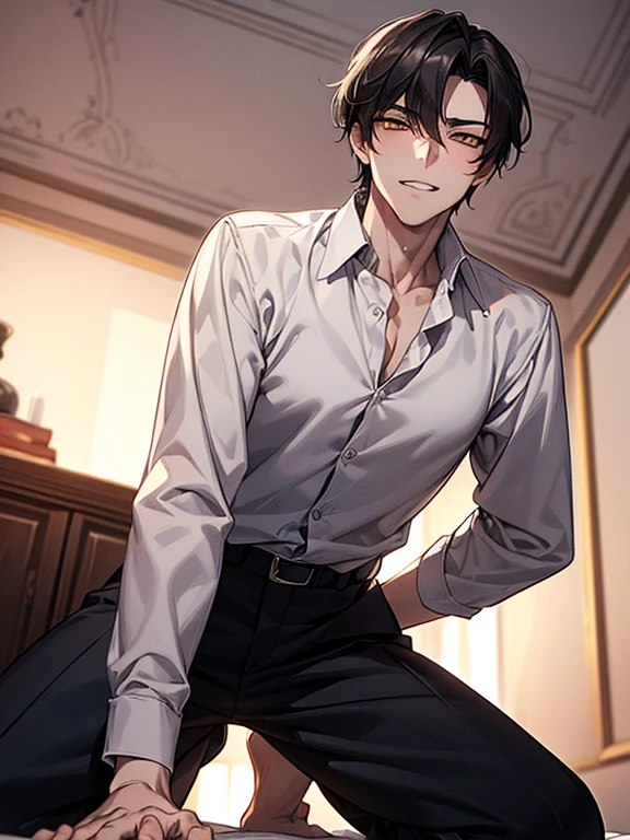 (1 Boy), solo, dark hair, (white shirt), black slacks, on sheets, Long Sleeve Shirts, kneeling, seiza, cool, (sexy:1.3), Fascinating, (evil smile), seductive smile, open mouth, (fang), stick out tongue, ((licking one's lips:1.0)), (parted lips),collarbone, (shoot from below), (from below:2), sunset,(open collar), tsurime, squinting, (A man seduces a woman), temptation, Yellow eyes, (background: on bed in bedroom), high quality, high resolution, masterpiece,