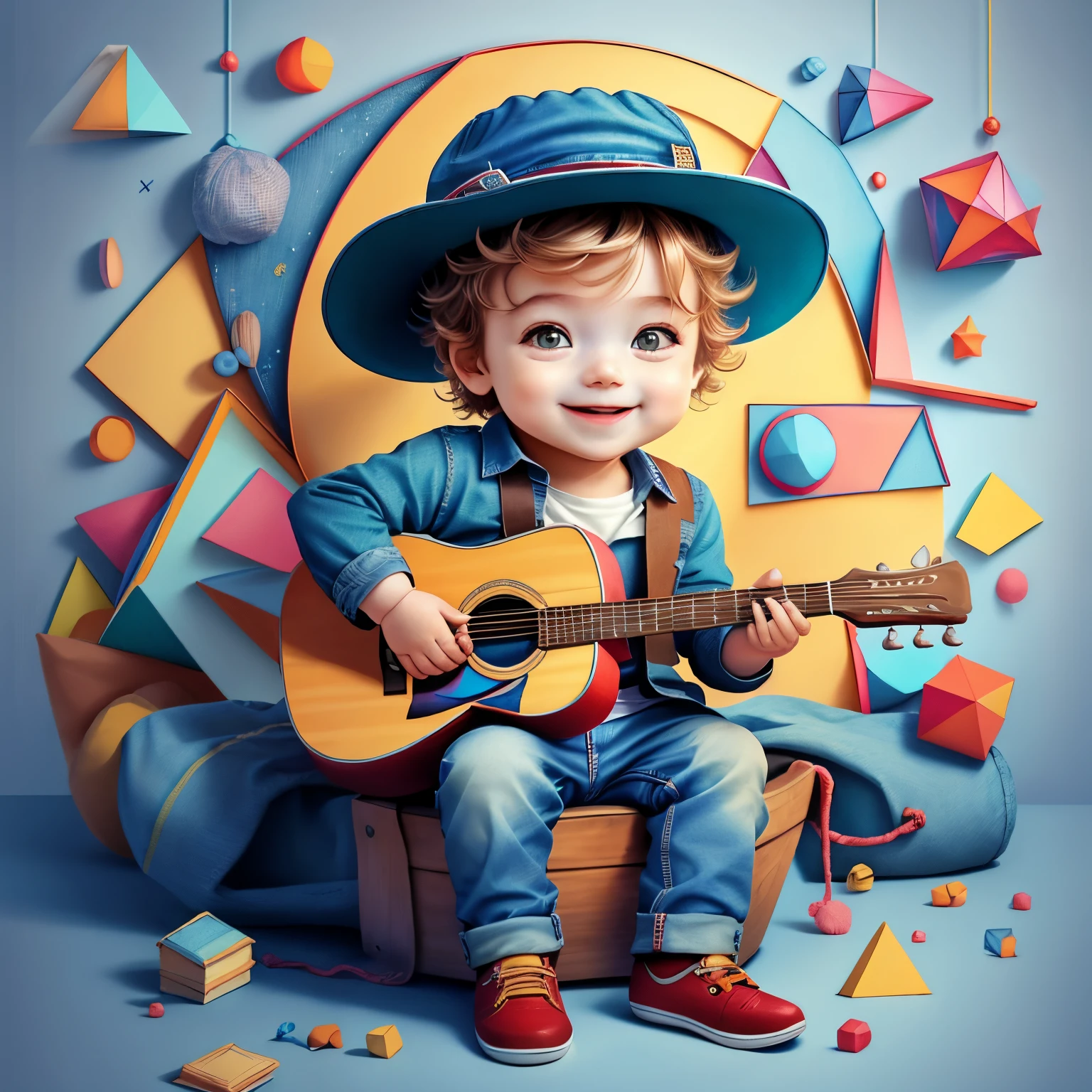 (cute smiling with jeans and hat playing a guitar), Munchkin ,Geometric multidimensional wall portrait, livro de arte, Tchibi,
Yang08k, Beautiful, Colouring,
Obras, of the highest quality, best quality, Arte Oficial, Beautiful and Aesthetic,