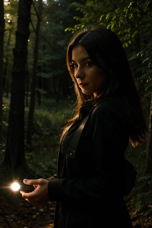 woman shooting a guy, in a forest, at night, backlight