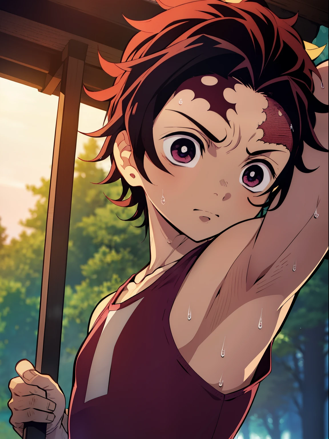 1boy masterpiece, Kamado Tanjiro from Demon Slayer, the day, gazing at the sky, (showing armpit:1.3), tank top, sweat, upper body, body only, ray tracing, best color