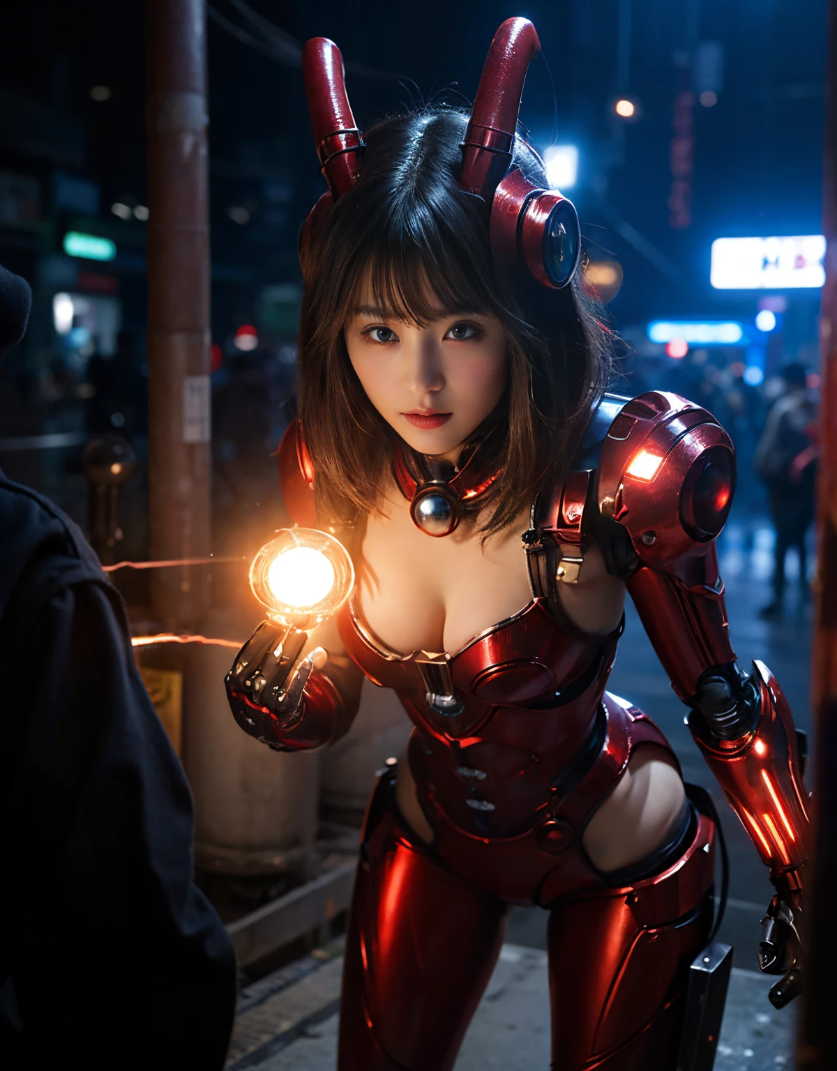 (Skimpy mechanical girl and alien background)、(Mystical expression)、top-quality、masterpiece、超A high resolution、(Photorealsitic:1.4)、Raw photo、1人、glowy skin、(((1 Mechanical Girl)))、(Red Metal Bodysuit)、(Natural alien background to fight aliens)、(Small LED)、((super realistic details))、vertical giant monster background),globalillumination、Shadow、octan render、8K、ultrasharp、Robot background、Colossal tits、Raw skin exposed in the cleavage、red metal、Details of complex ornaments、Japan details、highly intricate detail、Realistic light、(Mystical expression),CG Society Trenlow Eyes、Eyes shining towards the camera、Mechanical marginal blood vessels connected to neon detail tubes)、(Wires and cables connecting to the head)、Small LED、,Mechanical thighs、Toostock、(Hands are also made of machines)、机器人、future alien、Please wear a mechanical helmet、