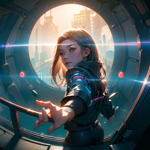 ( Masterpiece, best quality, cinematic lighting, backlit, side light, soft light, fisheye:1.2 ), extremely highly detailed, intricate, lens flare, front pov, ( cyberpunk night street:1.2, handshaking against pov), ryujin, peach ass, narrow face, wearing ootd