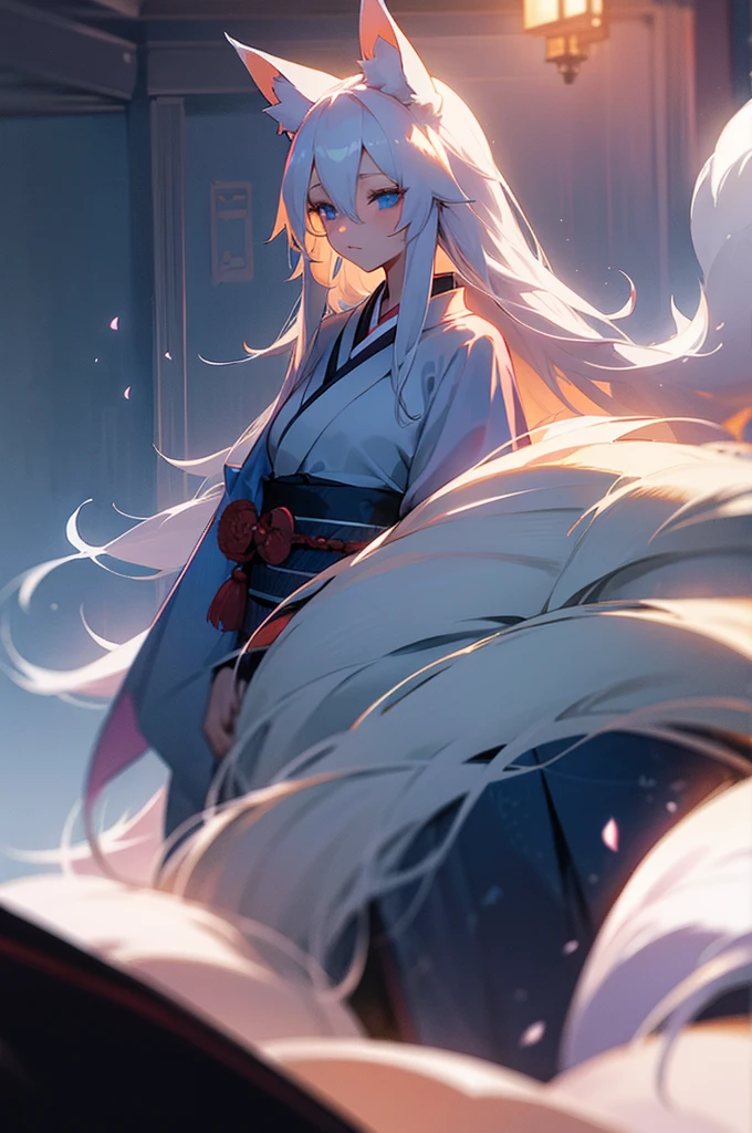 Beautiful young girl, long white hair, blue eyes, dimly-lit, bedroom, kitsune, fox-ears, fox-tail, kimono.