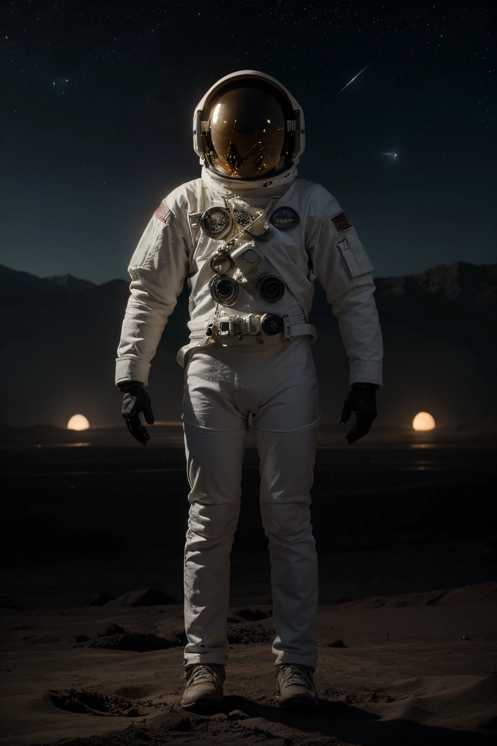 ((best quality)), ((masterpiece)), (detailed), an astronaut to the right with a robot standing on the surface of a dark barren planet and in front of them a spaceship lands on the planet