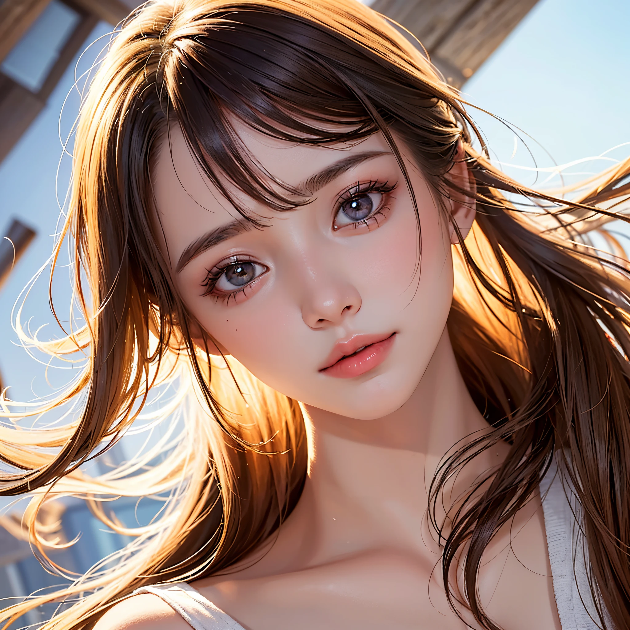 (8K, RAW Photos, of the highest quality, Masterpieces: 1.2), (Realistic, Photorealistic: 1.37), Highest Quality, Ultra High Resolution, light leaks, Dynamic lighting, Slim and smooth skin, (Full body:1.3), (Soft Saturation: 1.6), (Fair skin: 1.2), (Glossy skin: 1.1), Oiled skin, 22 years old, Night, shiny white blonde, Well-formed, Hair fluttering in the wind, Close-up shot of face only, Physically Based Rendering, From multiple angles, maikurobikini