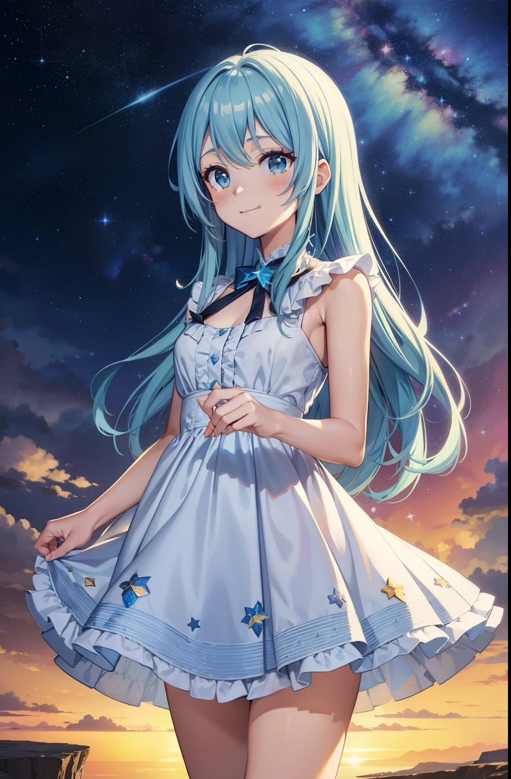 {{{masutepiece}}}, {{best qualtiy, An ultra-fine illustrations, beautifulanddelicatewater}}, {{very delicate light}}, {{Nature, Painting}}, {{Fine Lighting, More transparent stars, Very fine 8K PCG wallpaper}}, (plateau), Sunrise, randomly distributed clouds, cliff, ((Rotating starry sky)), Beautiful girl with long light blue hair with luminous particles、Twin-tailed、adorable smiling、facing front、colorfull dress