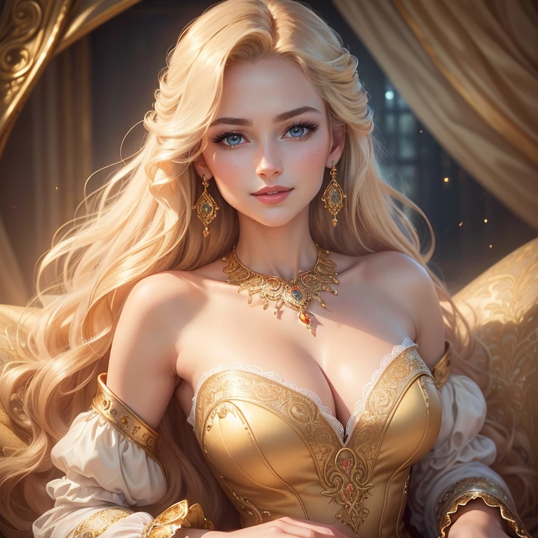 (Best Quality,8K,hight resolution:1.2),Ultra-detailed,(Realistic,Photorealsitic:1.37),18th century attire,(Elegant,Stylish) hungarian blonde, (,Attractive) -yeld gi beautiful sculpted face, (Gorgeous,Stunning,Perfect) long curly hair, (glinting,charmed) Blue eyes, (Captivating,full) Red lips, (Graceful,poised) Posture, (Classic,Charming) Smile, (Radiant,flawless) , (Delicate,Elegant) Neck, (Fashionable,Exquisite) Golden necklace, (Feminine,delicacy) Lace gloves, (Elegant,flowing) Satin Dresses, (Elaborate,ornate) floral embroidery, (Rich,Vibrant) Colors, (Dramatic,romantic) Lighting, (subtle,Soft) shadowy, (Lush,Lively) Garden background, (Polished,Sophisticated) Oil painting style.
