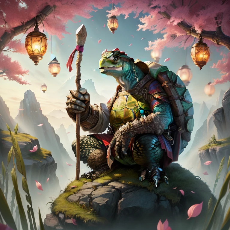 a close up of an angry turtle with a hat sitting on a rock with a stick, scarred from battles, wearing a baseball hat, isometric 3d fantasy turtle, 3 d animated movie, cyril rolando and goro fujita, anthropomorphic turtle hero, animated film, 3 d epic illustrations, 4k highly detailed digital art, 4k art, ‘raya and the last dragon’ etc, 4k detailed digital art.