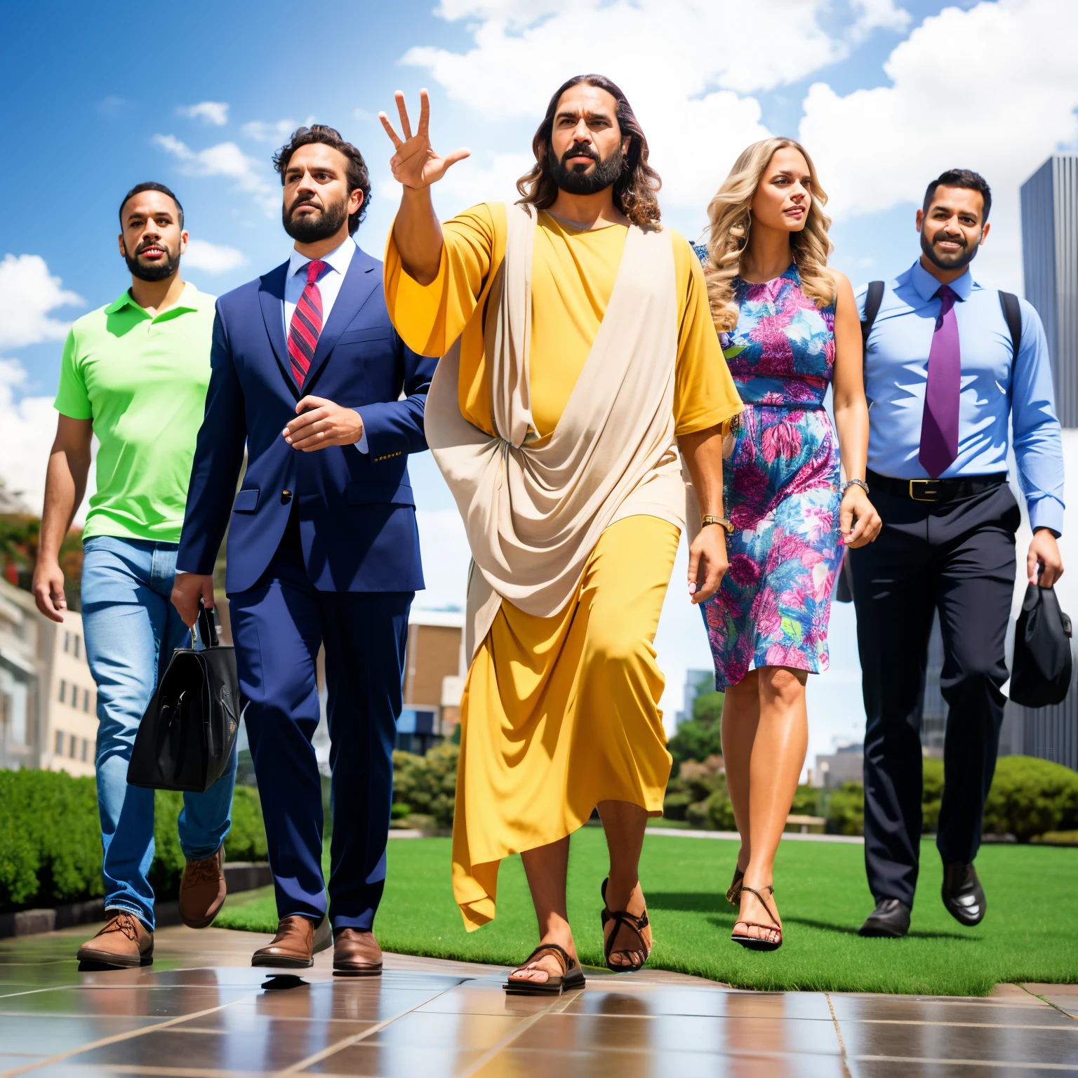 a group of people walking on a sidewalk with a man pointing at something, Vestido como Jesucristo, film still promotional image, Arte promocional, El Rapto, serious jesus, bible illustration, por Mateo D.. Wilson, por Scott M. Fischer, por Melissa Benson, segunda venida, Rob McNaughton, Tema sagrado, Caminando al trabajo