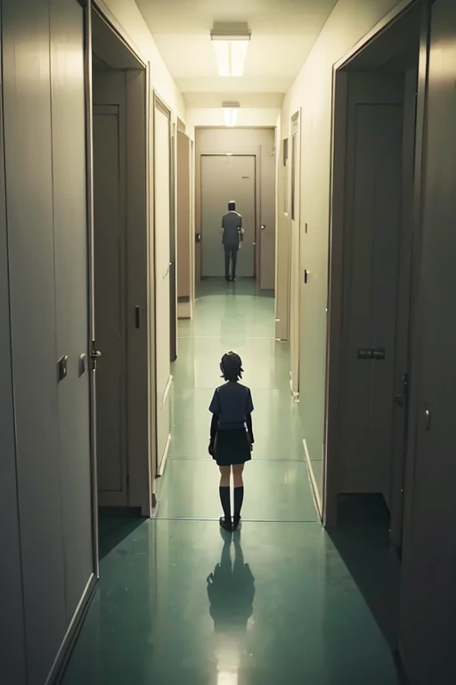 There is a person standing in the corridor，There is light coming in from outside the door, Screenshot of the 2012 animation, Standing in a dimly lit room, in the anime film, TV animation stills, anime movie screenshot, Today’s recommended anime is still, Kuro anime screenshots, screenshot from the anime film, Opening scene