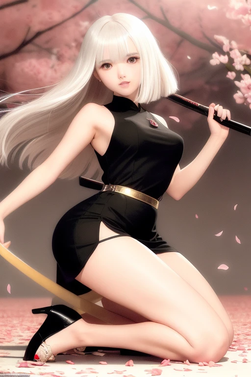Short flowy bob cut hair, cute hair side bangs, ((white hair)) Japanese cherry scenery background, (evening), (golden hour) , ultra detailed, young Japanese woman, (wearing elegant bracelet) , ((wearing thick thigh strap)), (crossed legeautiful face, ((wearing a long black classic sleeveless cheongsam dress with long slits and golden dragon pattern)), exposures, ((hair flowing beautifully in the wind)) , perfect smooth legs, smiling, (((contrast rich rim lighting from both sides))), (ultra wide angle) , ((very short golden finger nail polish)), (pair of black high heeled mary janes shoes) , posing, perfect eyes, firm large sized breasts, cherry flower ornament in her hair, ((holding a katana in a battle ready stance)), ((kneeling with one knee)), (thighs), thick calves, correct anatomy, tony taka art style, (cherry petals flying in the air by a soft breeze)