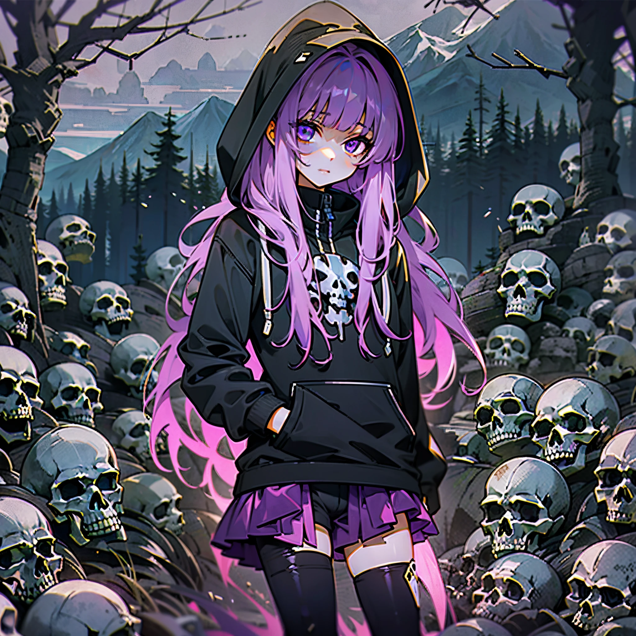 Anime girl with purple hair and black hoodie standing in a field of skulls SeaArt AI