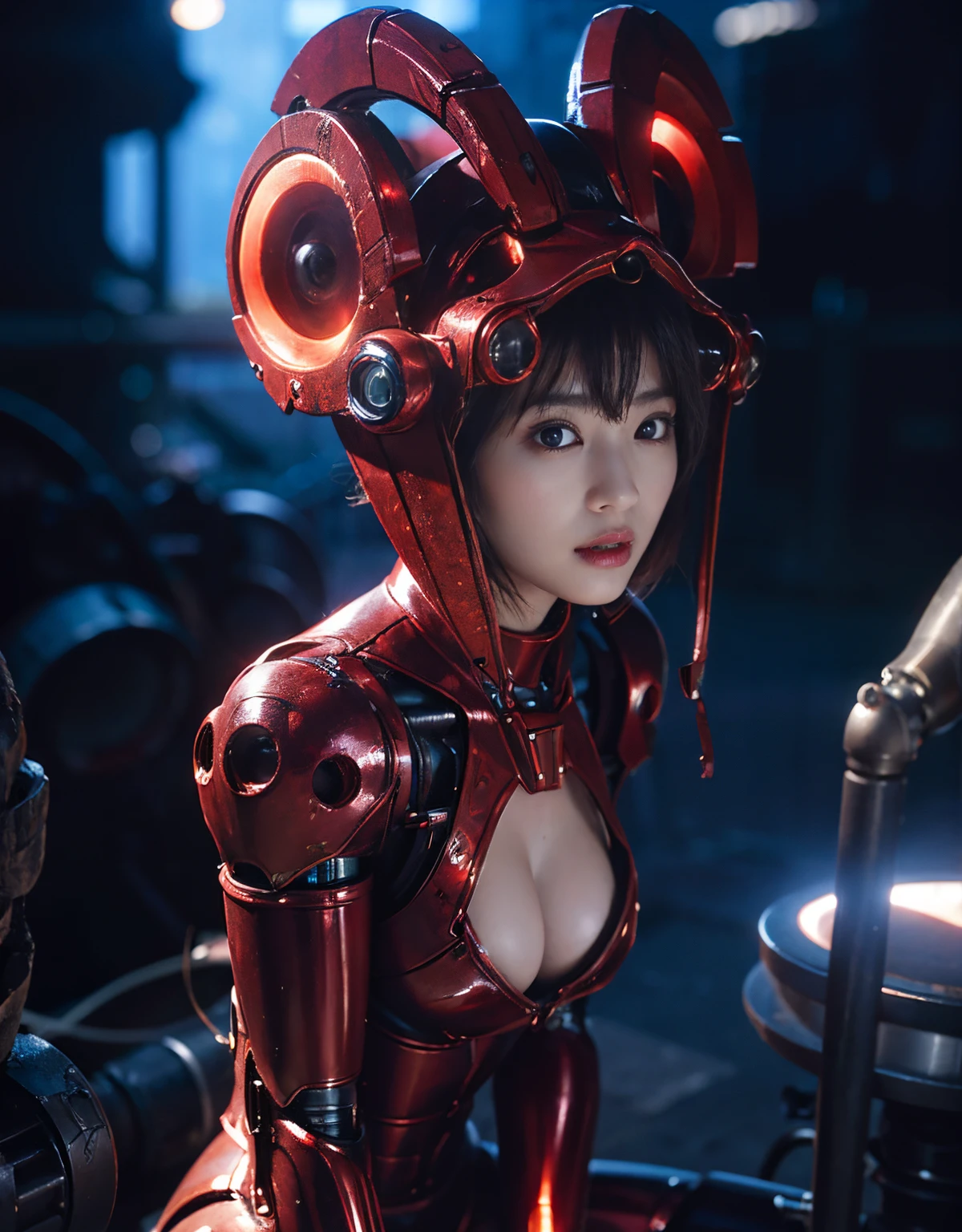 (Skimpy mechanical girl and alien background)、(Mystical expression)、top-quality、masterpiece、超A high resolution、(Photorealsitic:1.4)、Raw photo、1人、glowy skin、(((1 Mechanical Girl)))、(Red Metal Bodysuit)、(Natural alien background to fight aliens)、(Small LED)、((super realistic details))、vertical giant monster background),globalillumination、Shadow、octan render、8K、ultrasharp、Robot background、Colossal tits、Raw skin exposed in the cleavage、red metal、Details of complex ornaments、Japan details、highly intricate detail、Realistic light、(Mystical expression),CG Society Trenlow Eyes、Eyes shining towards the camera、Mechanical marginal blood vessels connected to neon detail tubes)、(Wires and cables connecting to the head)、Small LED、,Mechanical thighs、Toostock、(Hands are also made of machines)、机器人、future alien、Please wear a mechanical helmet、