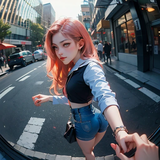 ( Masterpiece, best quality:1.3, fisheye ), extremely highly detailed, intricate, 8K, HDR, front pov, ( street:1.2, handshaking against pov), ryujin, peach ass, narrow face, wearing ootd