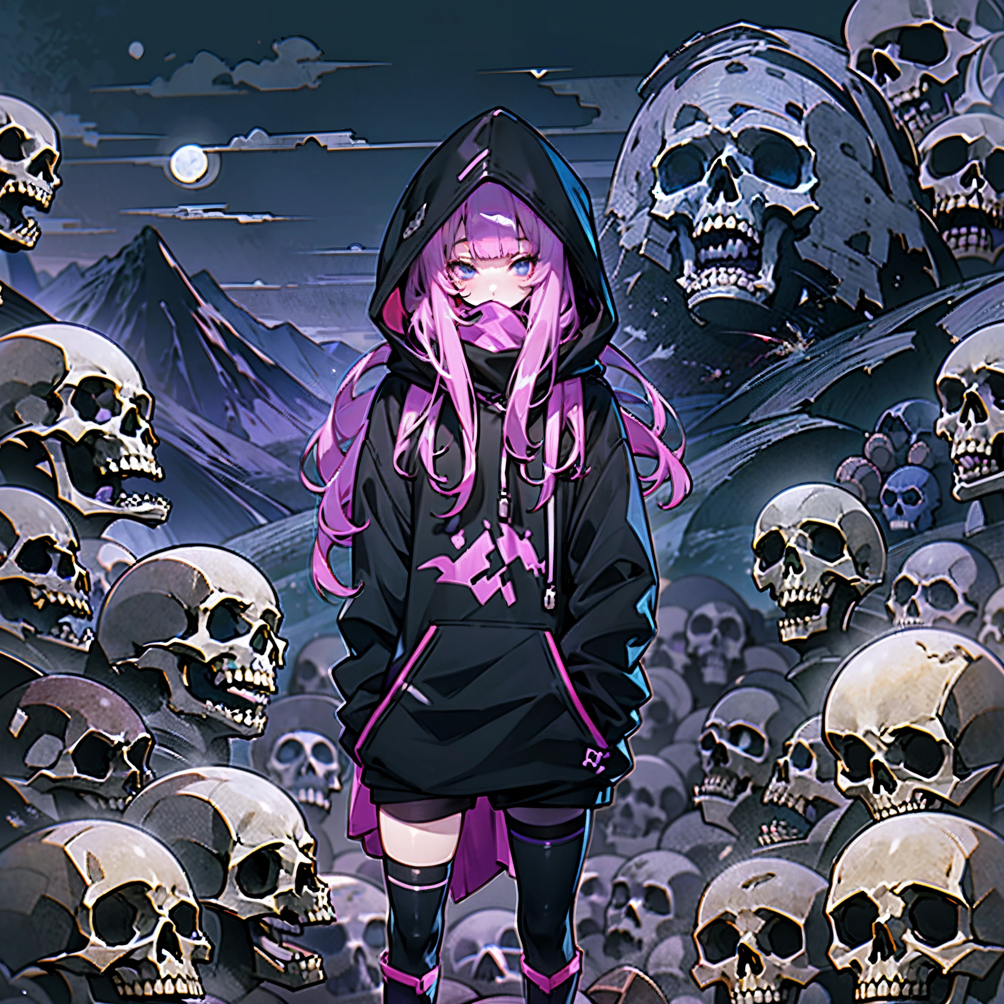 In the foreground, an anime-style Grim Reaper girl stands, embodying a mentally ill atmosphere. She wears a modern, black-toned outfit: a hooded sweatshirt hoodie, tie-fitting shorts, and knee-high long boots. Her skin is pale, with hair featuring black to pink and white gradation, styled in blunt bangs and twin tails, adorned with a skull. In the background, (mountain of skulls:1.5) under ((purple)(eerie)full moon) creates a complex, detailed scene. This juxtaposition balances the character's presence against the intricate backdrop.