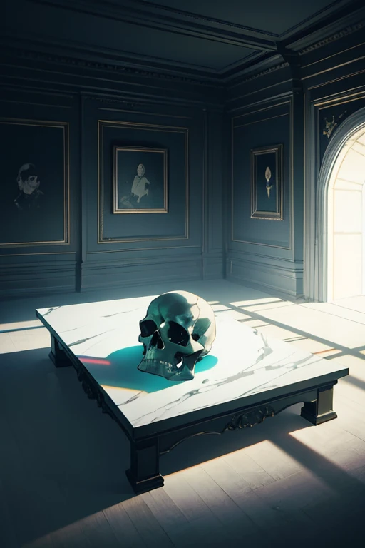 Dark room with a bed,green light on, video static, There is a skull above the table, hyperrealistic”, hyperrealistic”, hyperrealistic”, Refik Anadol, hyperrealistic”, hyperrealistic”, tokujin yoshioka, museum diffuse lighting, marble table, mistic!!, award winning”, award winning”, conceptual installation, White table