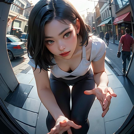 (masterpiece, best quality:1.3, fisheye), extremely high detailed, intricate, 8k, HDR, cinematic lighting, front pov ((street:1.4, bent over against pov, hands grabing viewer )), ryujin, petite, slim waist, wide hips, narrow face, plump cheeks, small boobs, wearing a loose fitted ootd.