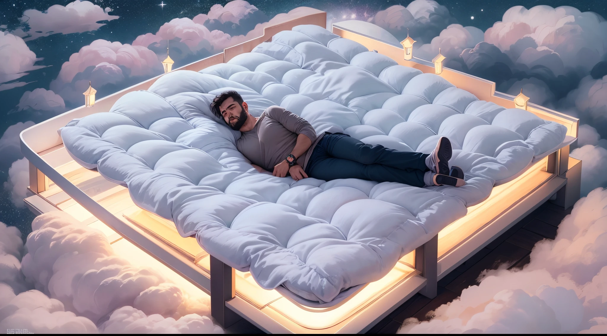 close de um homem dormindo de lado corpo inteiro, in the clouds in the shape of a mattress, with the full moon in the background and the starry sky creating a reflection effect. Uma foto com profundidade de campo, ISO baixo e alta velocidade do obturador para congelar ou mover