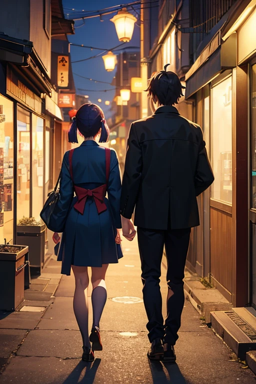 Anime scene of a man and a woman walking down a dark alley, anime scene, ( ( Xinhai sincerely ) ), Tokyo anime anime scenes, On the streets at night, Xinhai sincerely. —h 2160, Xinhai sincerely!, Japanese town at night, Makoto Shinkai's style, Opening scene, beautiful anime scenes