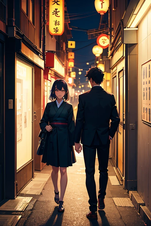 Anime scene of a man and a woman walking down a dark alley, anime scene, ( ( Xinhai sincerely ) ), Tokyo anime anime scenes, On the streets at night, Xinhai sincerely. —h 2160, Xinhai sincerely!, Japanese town at night, Makoto Shinkai's style, Opening scene, beautiful anime scenes