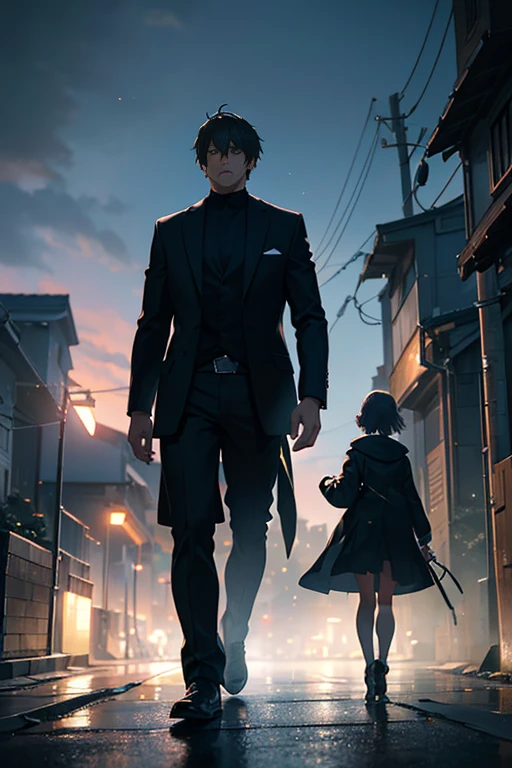 A man and a woman walking in a dark alley in an anime scene, anime scene, (Makoto Shinkai), Tokyo animation, night street, Makoto Shinkai. (best quality, 4k, 8k, highres, masterpiece:1.2), ultra-detailed, (realistic, photorealistic, photo-realistic:1.37), HDR, UHD, studio lighting, ultra-fine painting, sharp focus, physically-based rendering, extreme detail description, professional, vivid colors, bokeh, portraits, landscape, horror, anime, sci-fi, photography, concept artists. Colors: dark and mysterious tones. Lighting: dim and atmospheric.