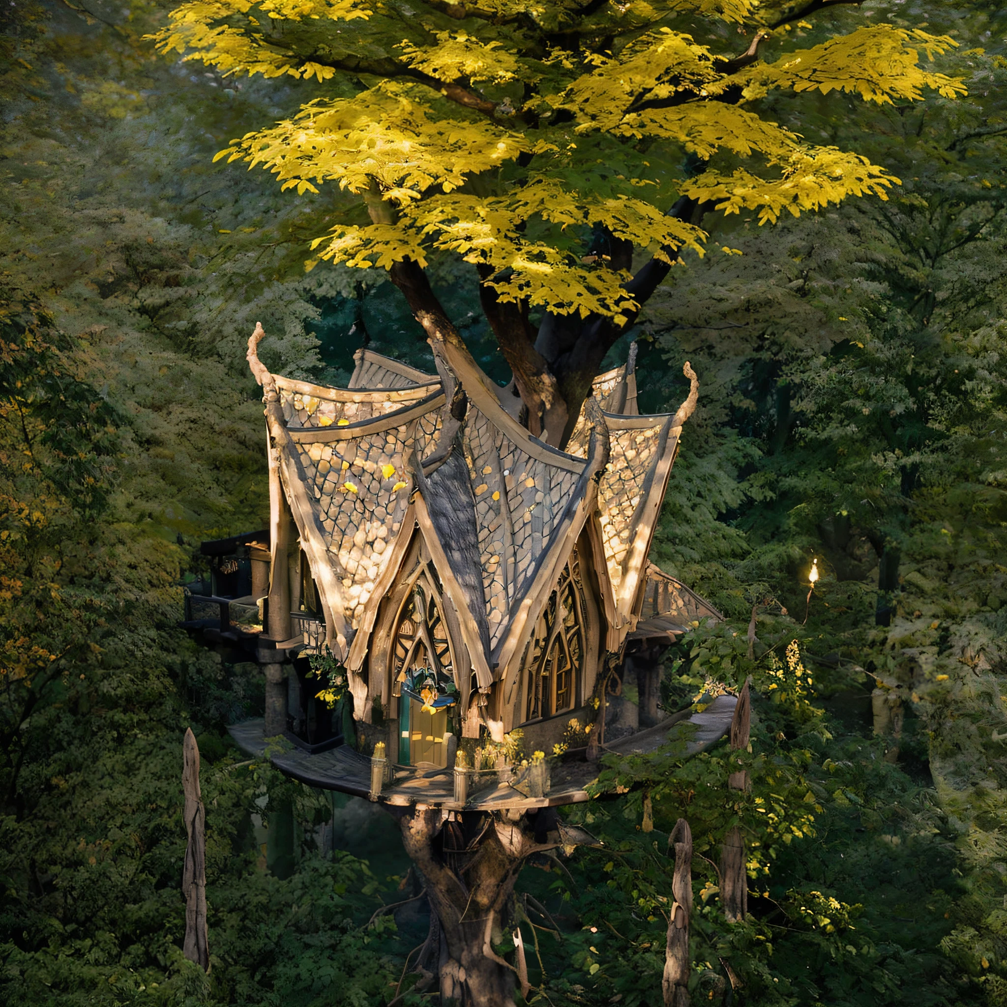 photo of a tall tree with yellow glowing leaves, there is a ghotic treehouse on a tree, medieval, it radiates a positive mood here as the weather is nice and the sun is shining through the leaves of the trees, photorealistic, high quality, golden sacred tree, elven architecture, elrond's house, lothlorien, enchanted forest tower, tree house, elves house