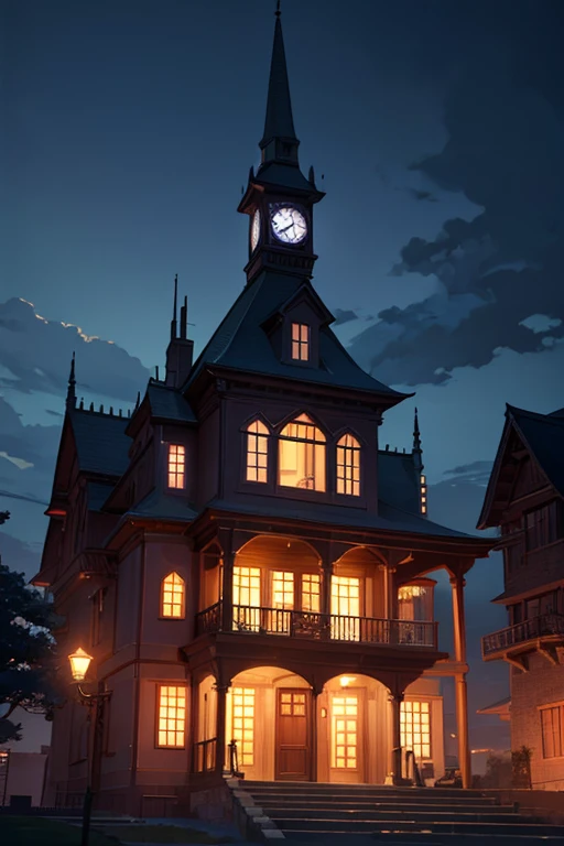 Night view of the house，There is a clock in front, Anime background art, Madhouse Studio anime style, atmospheric anime, anime backgrounds, dramatic lights. concept-art, nighttime reality, anime movie backgrounds, House background, author：Kamisaka Yukika, Makoto Shinkai's style, anime atmospheric, ( ( Xinhai sincerely ) )