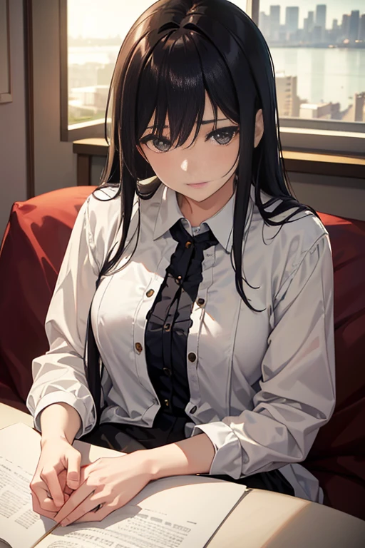 { masterpiece : best quality : high resolution : unity 8k wallpaper : illustration : beautiful detailed eyes : extremely detailed face : perfect lighting : extremely detailed CG : perfect hands : perfect ??????? }  { in a creepy dark bedroom : messy : dark environment }  { Mochizuki Meiko : perfectly shape breast : red glasses : perfectly fit body : white collar shirt with black necktie : black skirt : expressionless : blank Expression : blank eyes : motionless } { lying down : on the bed } 