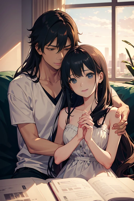 "A couple sitting on a sofa in a living room in an anime scene, anime scene, (Makoto Shinkai inspired), sitting alone in a cafe, TV anime still, Makoto Shinkai inspired. High-resolution (4k, 8k, highres, masterpiece:1.2), ultra-detailed, (realistic, photorealistic, photo-realistic:1.37) representation of the couple, with vivid colors, sharp focus, and bokeh effect. The couple is immersed in a romantic atmosphere, surrounded by soft and warm lighting. The room is beautifully decorated with anime posters and plush toys, reflecting their love for the anime world. The male character has messy black hair and expressive eyes, wearing a casual outfit with a stylish jacket. The female character has long flowing hair and captivating eyes, wearing a cute dress with a sweet smile on her face. The scene is captured from a slightly elevated angle, providing a cozy and intimate perspective. The couple's hands are gently intertwined, showing their strong bond and affection. The room is filled with a soft aroma of coffee, creating a relaxing and enjoyable ambiance. The window behind them showcases a stunning cityscape, with sparkling lights and a beautiful sunset in the distance. The prompt shows their love for each other and their love for the anime world, blending reality and fiction in a harmonious and romantic way."