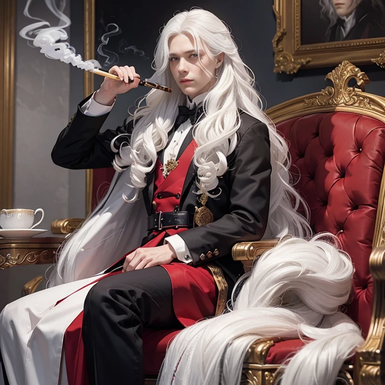 A man with white hair and a black suit sits on a throne and smokes. A girl stands nearby in a red dress and with curly long hair.