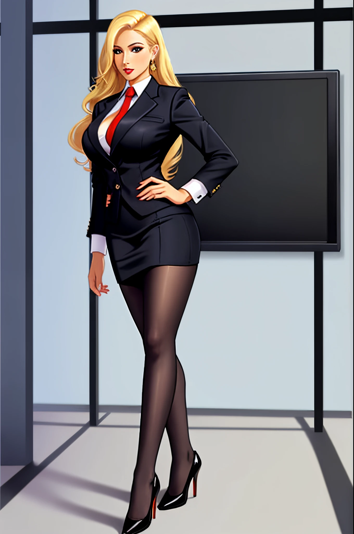 business woman in a black business suit and pencil skirt, stockings, high heels, full body shot, cleavage, long voluminous blonde hair, large breasts, wide hips