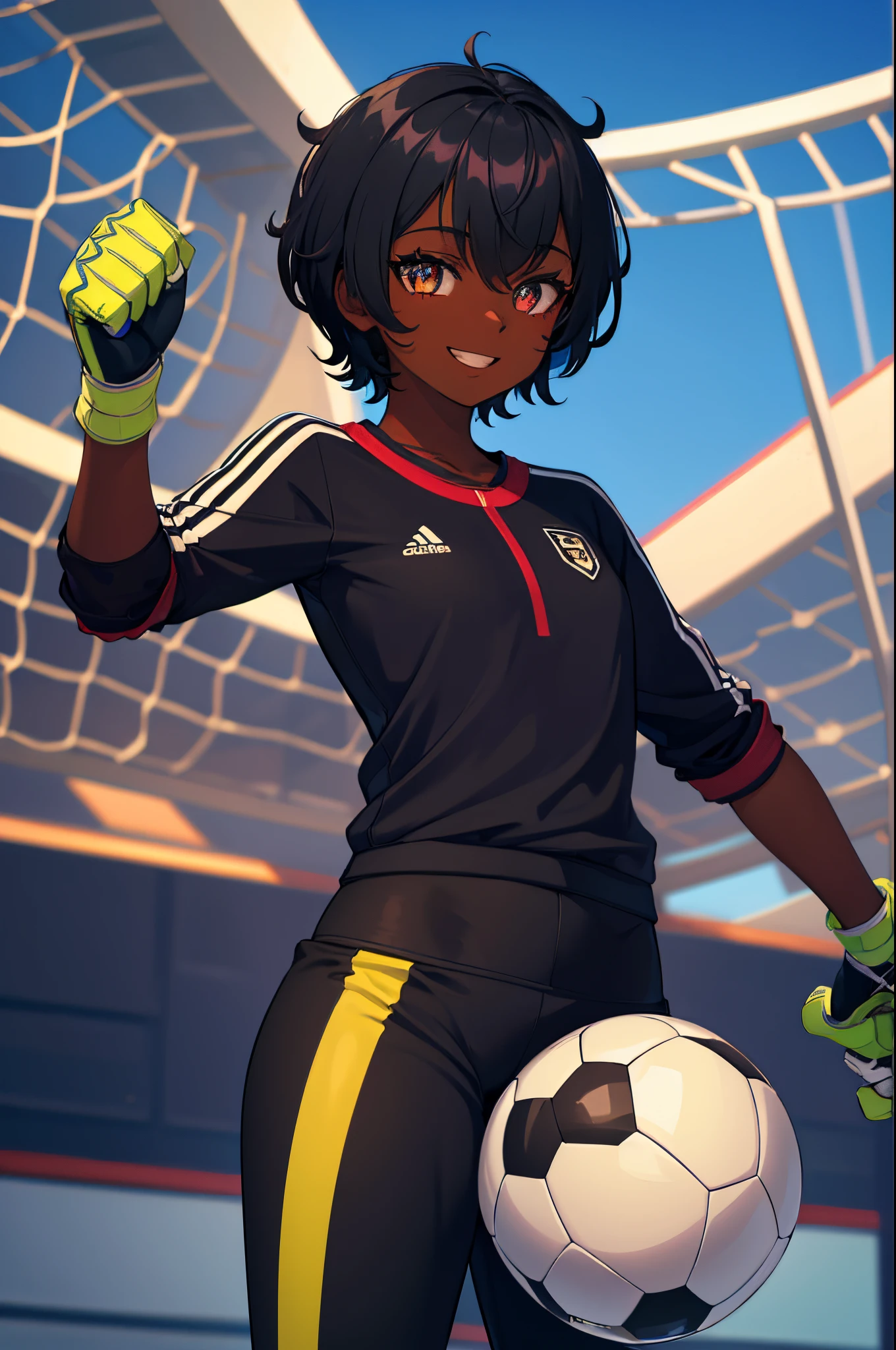 (highres:1.2),,(goalkeeper),solo,black girl,short hair,smiling,Slacks,sporty clothing,soccer field,diamond,multicolored hair,multicolored eyes