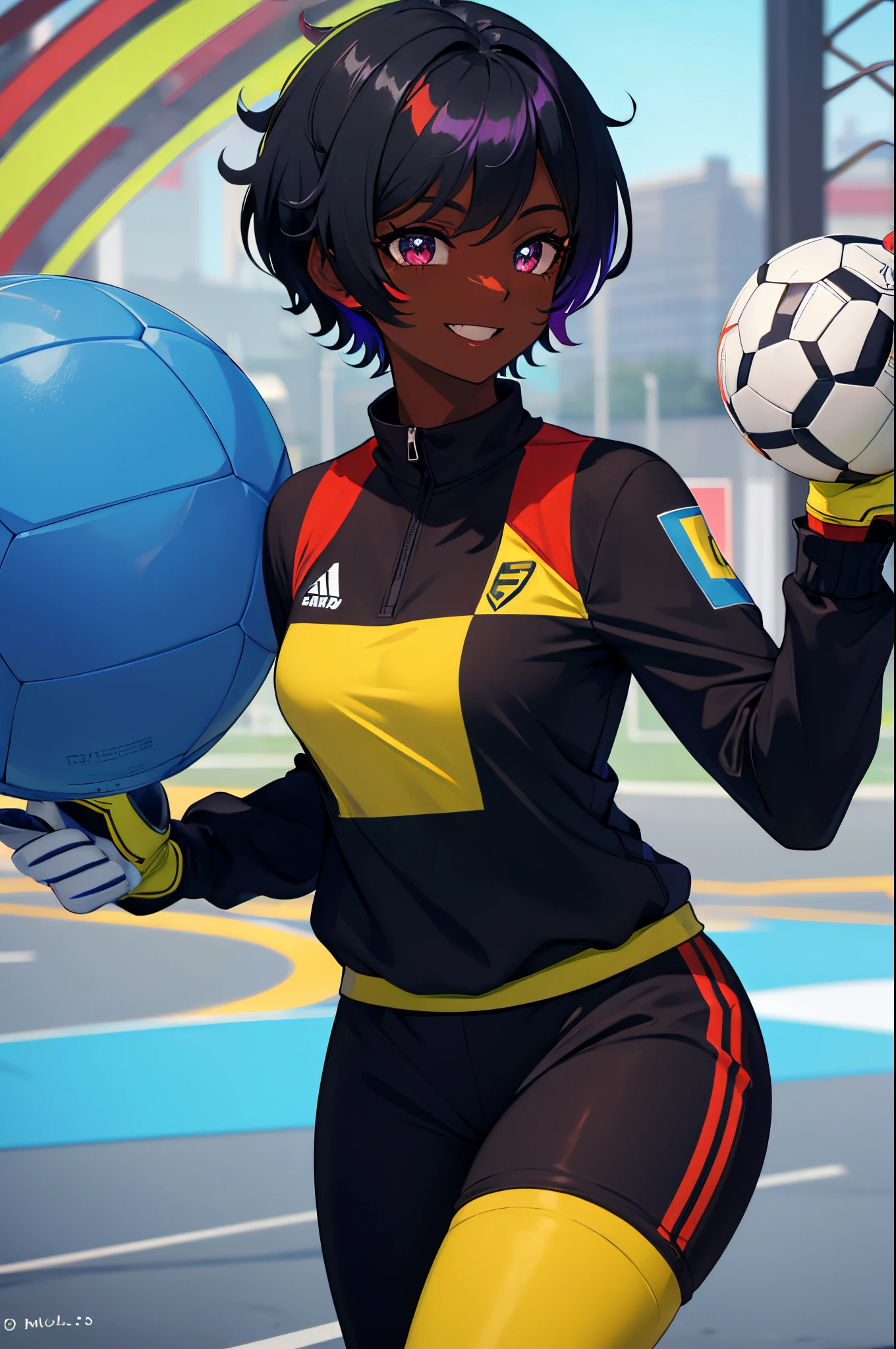 (highres:1.2),,(goalkeeper),solo,black girl,short hair,smiling,Slacks,sporty clothing,soccer field,diamond,multicolored hair,multicolored eyes