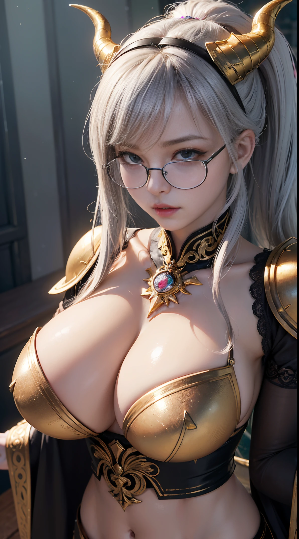 Fine、(The best illustrations)、8k UHD resolution、intricate-detail、top-quality、realisitic、ultra-detailliert、The best lighting、Best Shadows、Soft lighting、Ulutra HD、Ultra-realistic、Tindall Effect、Photorealsitic、(High Detail Skins:1.2)、 (Intricate details, makeup, pureerosface_v1:0.5), (Detailed beautiful delicate face, Detailed beautiful delicate eyes, A perfectly proportioned face, High detailed skin, Detailed skin, best ratio four finger and one thumb, arms below breasts, Tattoo with a red glow under the stomach、Awesome awesome, wide hips, smooth midriff, skiny and thin, __Fashion__, __hair__:1.25)、Digital SLR、 absurd realistic work: 1.3), (max resolution: 1.2), (Ultra HDTV: 1.2), cinematric light, Detailed eyes and skin, detailed facial features, , (Sharp Focus: 1.2）, (Focus on Face:1.2),Perfect Style, Beautiful face, acurate, Anatomically correct, Highly detailed face and skin texture, Detailed eyes, Double eyelids, Thin eyebrows, Glitter Eyeliner: 1 Natural cheeks, Glossy skin, Fair skin: 1.2, (Glossy lips: 1.4),(Shy look: 1.2),Highly detailed facial and skin texture, Detailed eyes, Double eyelids, Natural cheeks,  shiny lips: 1.4,Exposed cleavage、Bewitching。a 、Seductive、Chest emphasis、((((Huge glasses, Otaku Glasses, thick glasses, Round glasses)))),The long-haired、Braid hair、Ponytail distortion、, Ponytail with a bow tied at the back of the hair, huge solemn expression、Body Up、Big breasts emphasis, Super tight breasts, Breast augmentation surgery, The breasts are very big and round and round,Toned waist、 Meet beautiful girls, Look at the girl's body, In the Dark、Bat Wings，(((Demon Horns)))、(Devil's Tail)、(Detailed spooky backgrounds:0.8)、demon girls，wear armor made of skeletons，Long grey hair，Beautiful and delicate skull decoration and fluorescent green magic sword that shines red，emits eerie demonic flames，The light from the back window was backlit...........，Contour light，green flash particles，translucent magic sword，waist guard, hand guards, veils,  Ancient Chinese style, Short Sword at the Waist Attacking Posture, arrows flying, war, Night, dramatic compositions, Sword qi surrounding, Goddess of War, (Dynamic Posture: 1.3), Thick armor reveals the heart of the conflict, (Fine detail), radiant light, Powerful light area, (armor of historical importance:1.2),magia、 glittering metal armor, (Magic symbols shine on armor:1.3), (Magical magic swirled around her:1.3), Long white hair waving in the wind in every detail, Detailed weapon holding, (Sharp sword, Radiant:1.3), ((Black Armor)), (intense expression:1.1), (Its light is、Highlighting her dominance and rebirth behind the scenes:1.4), (Wisdom and Rebirth:1.2), (Strong stance:1.2), (Overwhelming mystical power:1.2), (Sparkling sweat:1.1), armor decorated with jewels, (The contrast between silver and gold:1.3),wear armor made of magic stones、wear magic armor、Purple Pink Silk Dress, The face of the beautiful goddess Athena without blemish, Sexy light yellow nightgown, long to, A thin nightgown of a saint with lots of exciting black lace details was felt, The legend of the holy goddess, Saint Icon, Elegant glitter beautiful saint style, dark and mysterious version, Holy Female Crown,