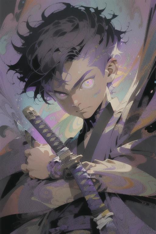 Realistic, (Masterpiece, Top Quality, Best Quality, Official Art, Very Detailed, Fractal Art, Colorful, Most Detailed, (Abstract Background: 1.5) (1boy: 1.3), cyborg samurai, Short Hair, (Glowing purple Eye), , Handsome Male, japanese style, holding a katana